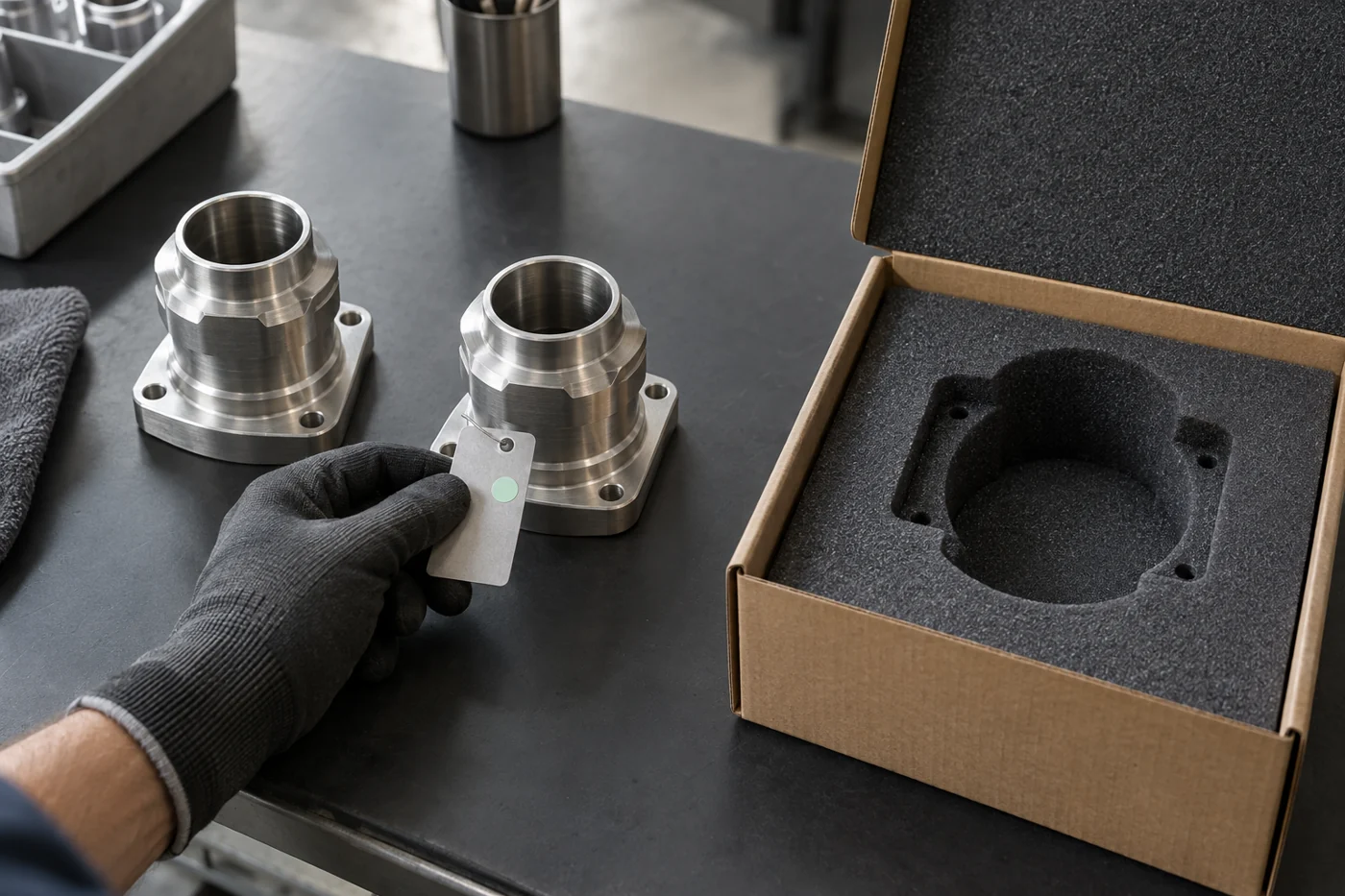 Industrial fittings and an empty shipping insert, with a proposed substitute marked for review.