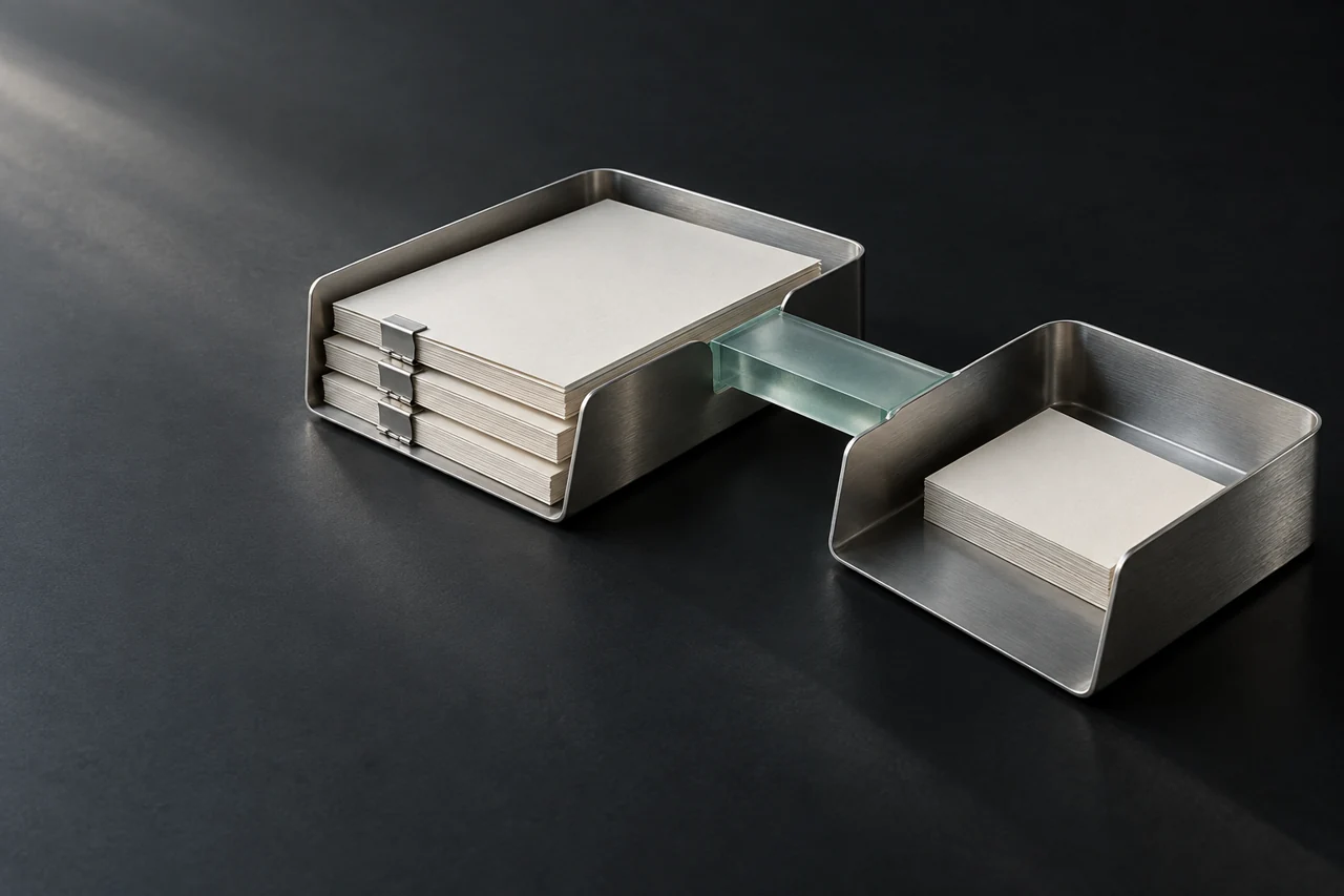 Two silver document trays joined by a jade bridge, illustrating a controlled handoff between CRM and ATS records