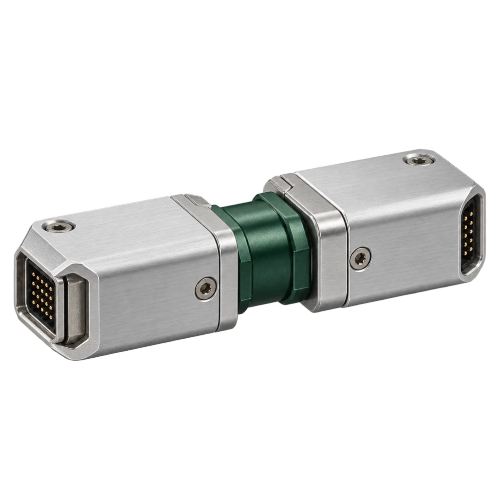 Two silver connector modules joined by a jade adapter, isolated on a transparent background.