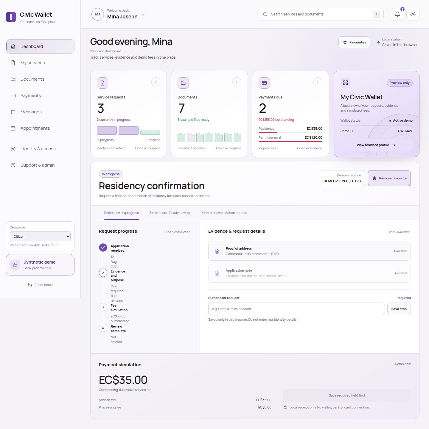 Civic Wallet dashboard with requests, documents, fees, and a personal service area