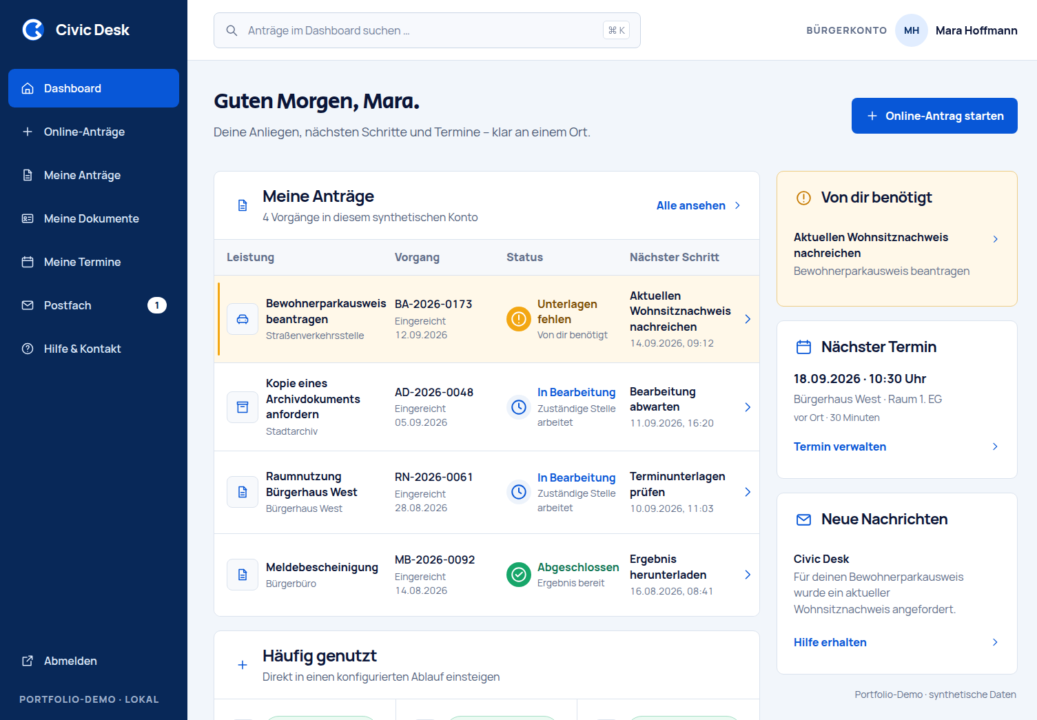 CivicDesk citizen account with application status, next appointment, and required evidence