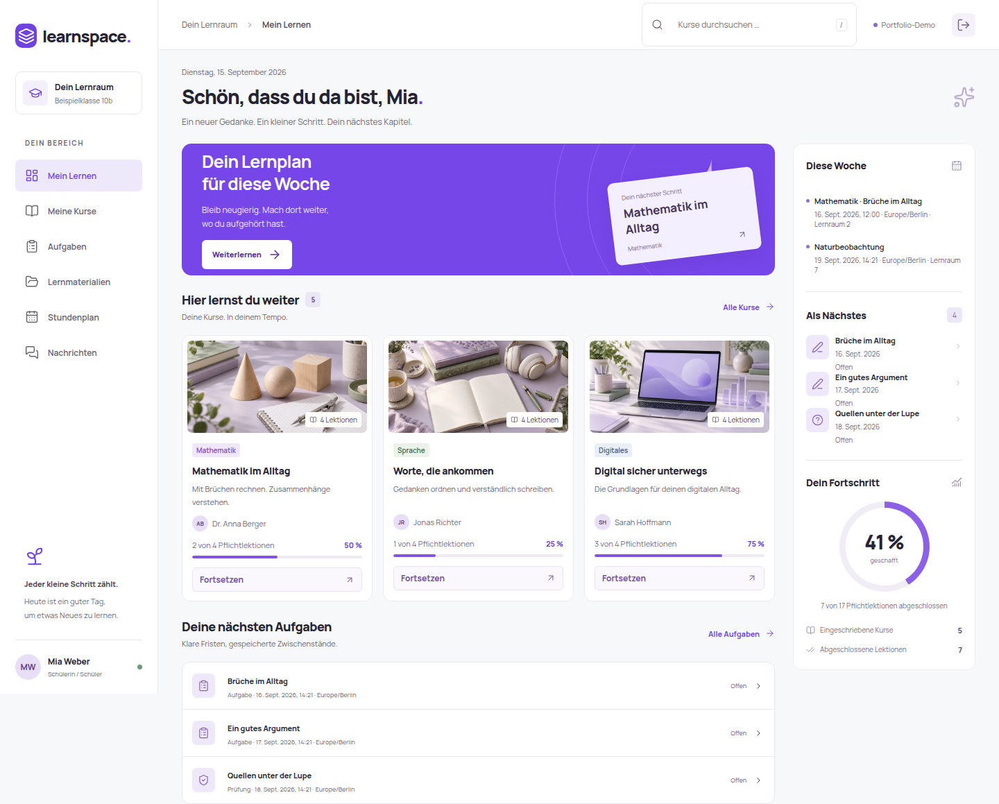 Learnspace learning space with a personal study plan, courses, and weekly overview