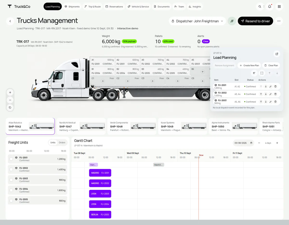 Truck&Co load planning with orders, capacity, and vehicle assignments
